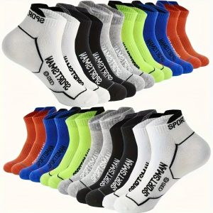 24or12 Pairs Men'S Athletic Performance Ankle Socks, Knitted Polyester And Spandex Blend, Breathable Mesh, Sweat-Absorbent, Machine Washable, Letter Pattern, Suitable For Running And Sports, Sweat-Resistant
