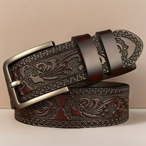 [Vintage | Leather] Elegant Genuine Leather Men's Belt | with Alloy Buckle - Carved Design | Perfect for Business & Casual Wear - Ideal Gift for Father or Husband
