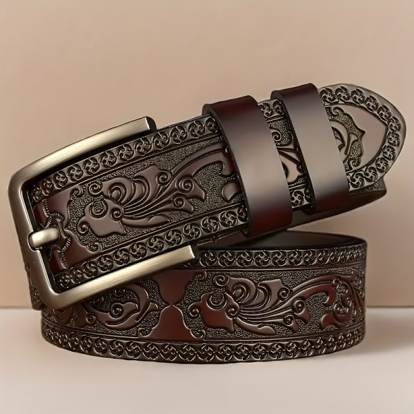 [Vintage | Leather] Elegant Genuine Leather Men's Belt | with Alloy Buckle - Carved Design | Perfect for Business & Casual Wear - Ideal Gift for Father or Husband