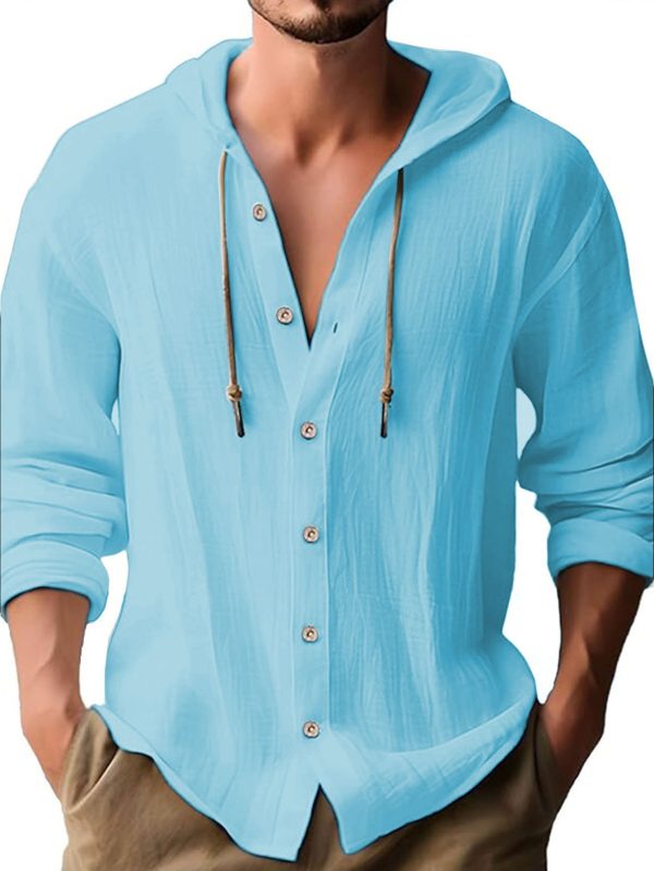 2025 new spring and summer Men's hooded t-shirt shirt solid color Linen Men's casual long-sleeved tops, summer wear, loose and comfortable, breathable and quick-drying, is the perfect gift choice! - Image 6