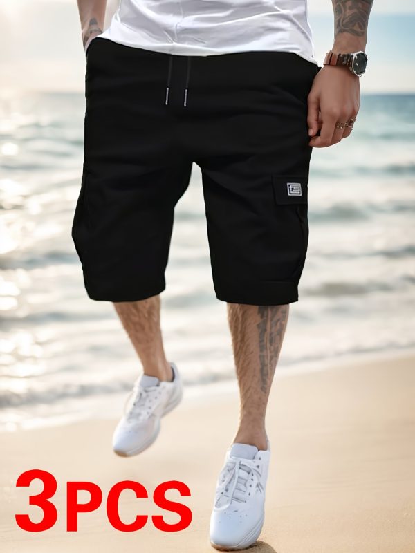 3pcs Men'S Summer Drawstring Work Shorts - Lightweight, Quick-Dry, Loose Fit with Pockets, Solid Color (Beige, Gray, Black), Perfect for Beach, Outdoor & Casual Wear, Beach Short - Image 9