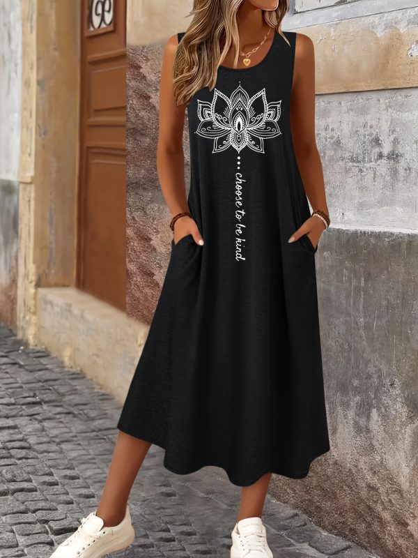 Women's Summer Floral Print Sleeveless Dress - Round Neck with Pockets, Mid-Stretch Machine-Washable Fabric, Elegant Casual Vacation & Casual Attire, Casual Summer Dresses, Practical Design, Stretchy Fabric - Image 4