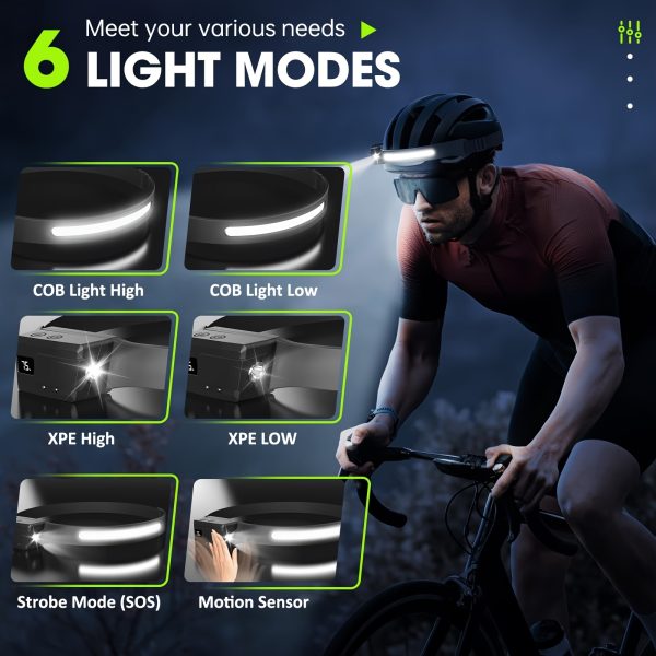 3pcs Rechargeable Headlamp with Adjustable & Removable Spotlight, Super Bright 800 Lumens LED Headlight, Motion Sensor Hands-Free, 6 Modes, USB Rechargeable, Adjustable Strap for Running, Hiking, Fishing, Camping, Running Gear | Sleek Headlamp | Durable Headlamp, Headlamp Rechargeable - Image 4
