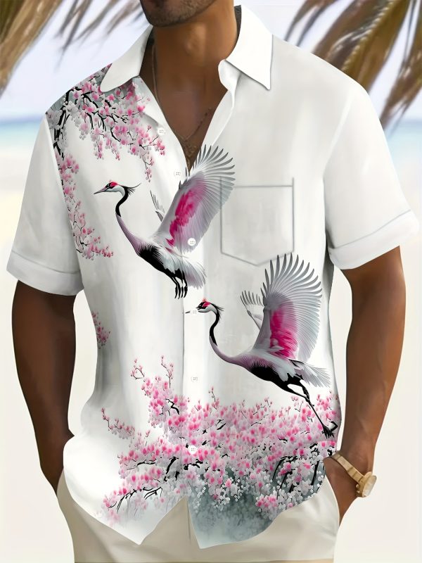 Men's Lightweight Polyester Short-Sleeve Shirt with Vibrant Red-Crowned Crane & Cherry Blossom Print, Casual Lapel Collar, Summer Fashion Top for Adults & Teens, Beach Attire | Vibrant Pattern Tee | Glossy Finish Shirt - Image 2