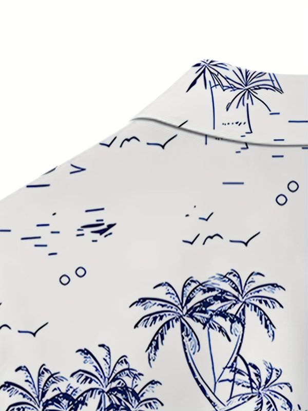 Men's Casual Hawaiian Shirt with Tropical Palm Tree Print, Short Sleeve Button-Up for Beach Vacation & Travel, White Base with Blue Illustrations, Lightweight Polyester Fabric, Perfect for Summer Outings - Image 5