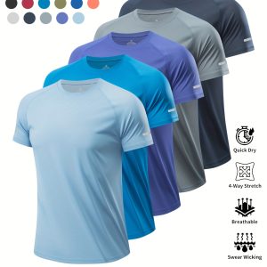 5pcs Men'S Casual Athletic T-Shirts - Breathable Polyester, Quick-Dry & Moisture-Wicking, Reflective Shoulder Design for Gym, Cycling, Running, Fishing & Basketball - Lightweight, 11 Colors, Gym Shirts, Knit
