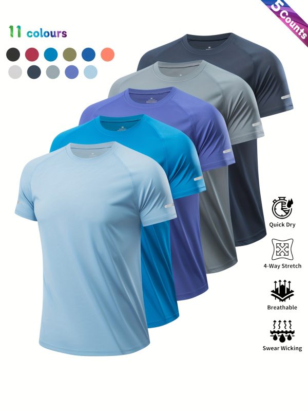5pcs Men'S Casual Athletic T-Shirts - Breathable Polyester, Quick-Dry & Moisture-Wicking, Reflective Shoulder Design for Gym, Cycling, Running, Fishing & Basketball - Lightweight, 11 Colors, Gym Shirts, Knit