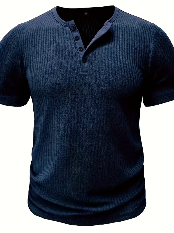 Short Sleeve Solid Stripe Pattern Knit T-shirt, Chic And Stylish Henley Neck Sports Tops For Men's Summer Leisurewear And Outdoors Activities - Image 4