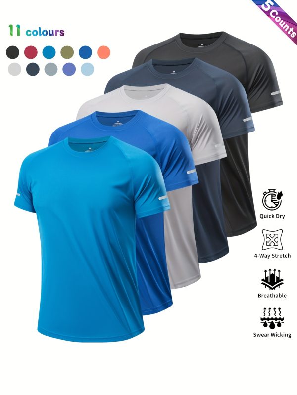 5pcs Men'S Casual Athletic T-Shirts - Breathable Polyester, Quick-Dry & Moisture-Wicking, Reflective Shoulder Design for Gym, Cycling, Running, Fishing & Basketball - Lightweight, 11 Colors, Gym Shirts, Knit - Image 4