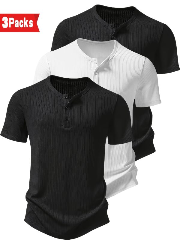 3pcs Men's Slim Fit Henley Shirts - Short Sleeve, Ribbed, Button-Up T-Shirts for Casual & Fitness Wear, Breathable Polyester, Black, White, Gray, Summer Essentials - Image 8