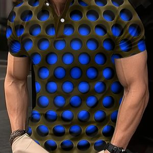 Men'S Casual 3D Print Polo T-Shirt - Retro Blue & Black Geometric Pattern, Short Sleeve, Comfortable for Spring & Summer, Perfect for Business & Home, Casual Wear | Geometric Print Shirt | Comfortable Fit, PLUS SIZE