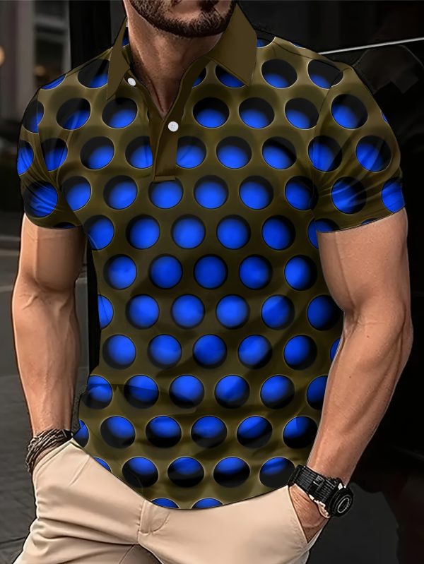 Men'S Casual 3D Print Polo T-Shirt - Retro Blue & Black Geometric Pattern, Short Sleeve, Comfortable for Spring & Summer, Perfect for Business & Home, Casual Wear | Geometric Print Shirt | Comfortable Fit, PLUS SIZE