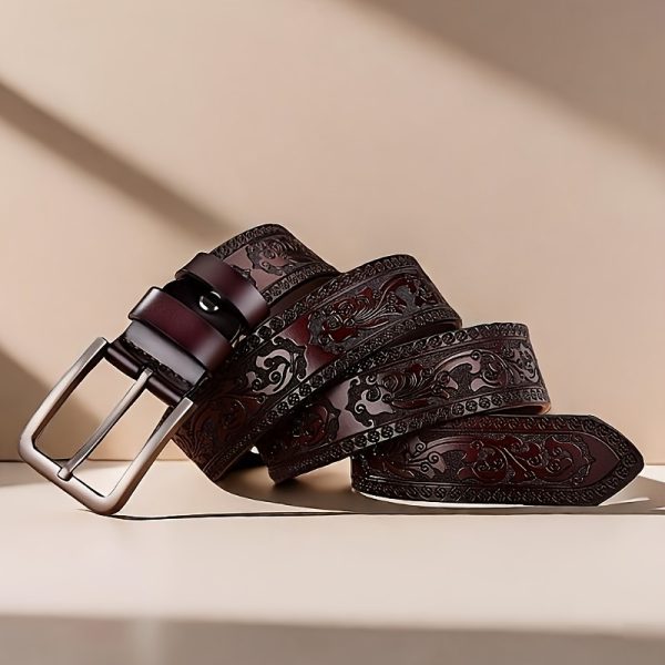 [Vintage | Leather] Elegant Genuine Leather Men's Belt | with Alloy Buckle - Carved Design | Perfect for Business & Casual Wear - Ideal Gift for Father or Husband - Image 7