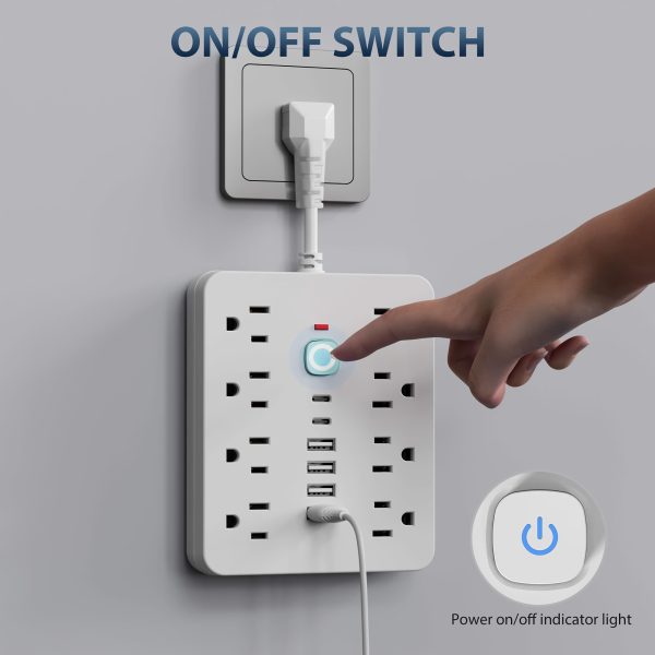 14-in-1 Power Strip Surge Protector with 8AC Outlets, 4USB & 2Type-C Ports | Multi Plug Outlet Expander, USB Wall Plug, Compact Desk Multi-plug Outlet | Flat Plug Design, Space-Saving Extension Cord for Home, Office And Kitchen