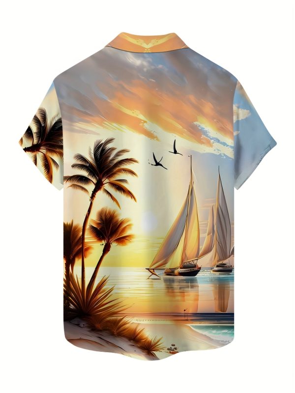 Men's Tropical Beach Print Short Sleeve Shirt - Vibrant Sailboat & Palm Tree Design, Lightweight Polyester, Perfect for Summer Vacations & Casual Outings - Image 3