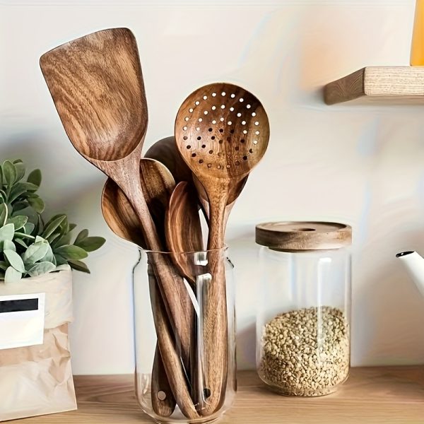 10pcs Quality Teak Cookware Set - Non-stick Friendly, Heat Resistant, Ergonomic Handle, Comfortable Grip - Perfect for Stirring, Baking, Serving And Easy Cooking - Image 8