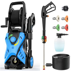 Electric Pressure Washer, 5000 PSI 2.8 GPM Power Washer With 33FT Extension Hose Reel, Pressure Adjustable (2500PSI-5000PSI), 4 Quick Connect Nozzles And Foam Cannon For Car/Fence/Patio (Blue)