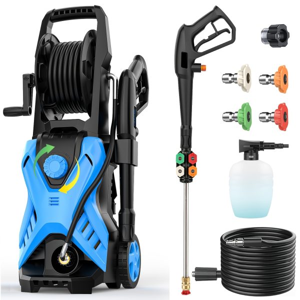 Electric Pressure Washer, 5000 PSI 2.8 GPM Power Washer With 33FT Extension Hose Reel, Pressure Adjustable (2500PSI-5000PSI), 4 Quick Connect Nozzles And Foam Cannon For Car/Fence/Patio (Blue)