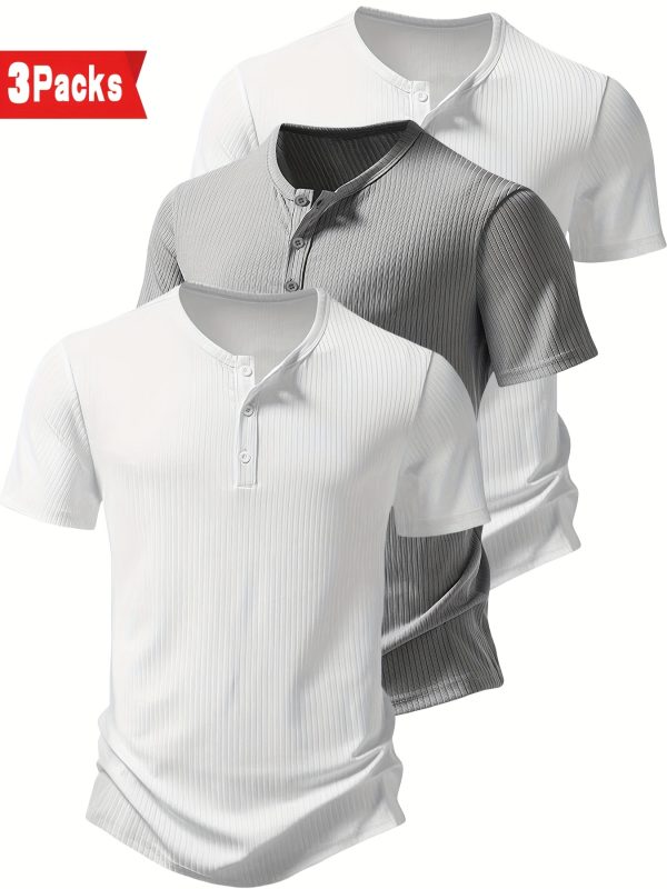 3pcs Men's Slim Fit Henley Shirts - Short Sleeve, Ribbed, Button-Up T-Shirts for Casual & Fitness Wear, Breathable Polyester, Black, White, Gray, Summer Essentials - Image 9