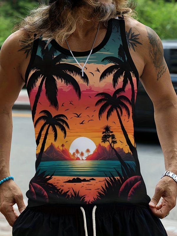 Men'S Tropical Sunset & Palm Tree Tank Top - Vibrant Beach Scene, Sleeveless Casual/Vacation Wear, Breathable Polyester Blend, Summer Essential for Leisure and Style, Summer Tank Top - Image 3