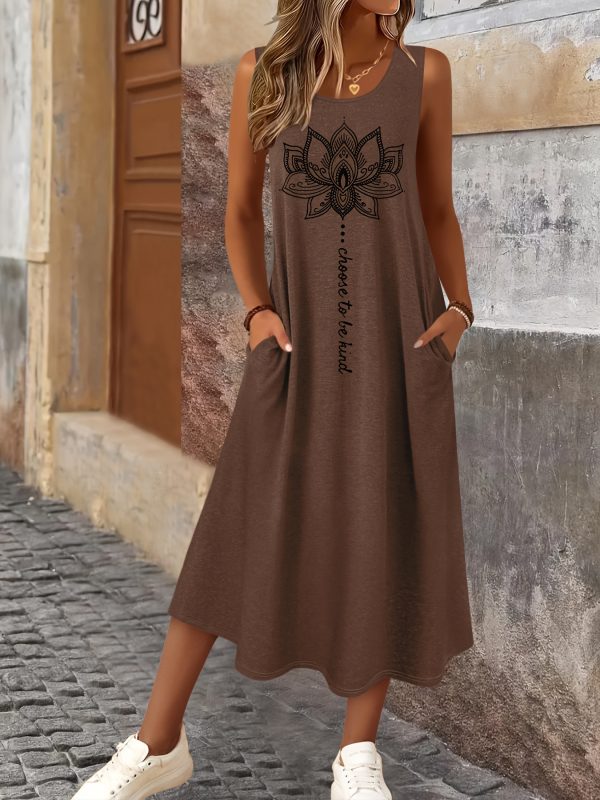 Women's Summer Floral Print Sleeveless Dress - Round Neck with Pockets, Mid-Stretch Machine-Washable Fabric, Elegant Casual Vacation & Casual Attire, Casual Summer Dresses, Practical Design, Stretchy Fabric - Image 2