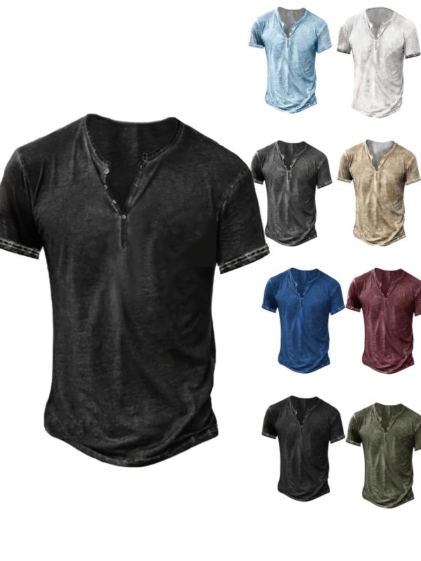 Mens Distressed Henley Shirts Short Sleeve Button T-Shirt Slim Fit Cotton Casual Shirt - Image 3