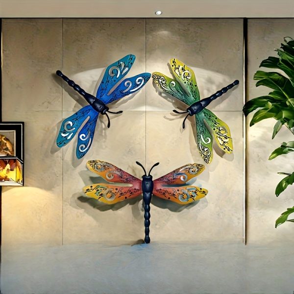 Large 14-Inch Iron Decorative Metal - Set of 3 Dragonfly Wall Art for Outdoor Garden Fence, Living Room, Bedroom Decor & Wedding Arrangements - Image 2