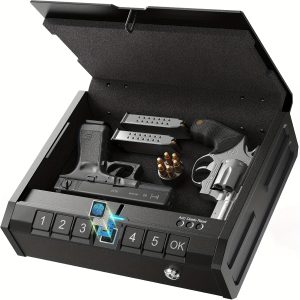 PLUS IRON Biometric Gun Safe - Rapid Access Pistol Storage Case with Advanced Keypad, Fingerprint, and Key Multi-Opening - Ideal for Home Bedside Nightstand or Car, Secure and Tamper-Proof Storage Solution