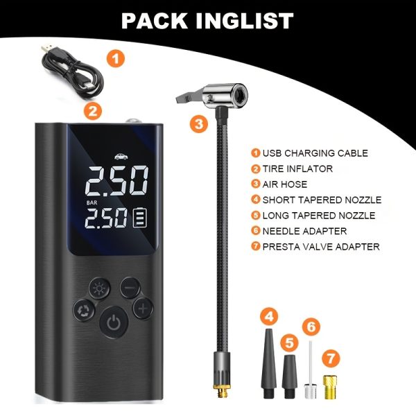 150PSI Cordless Tire Inflator Portable Tire Inflator, 150PSI Cordless Air Compressor with Digital Gauge & LED Light, USB Rechargeable, Fast Inflation for Cars, Bikes, Motorcycles & Sports Equipment, Air Pump for Car Tires - Image 3