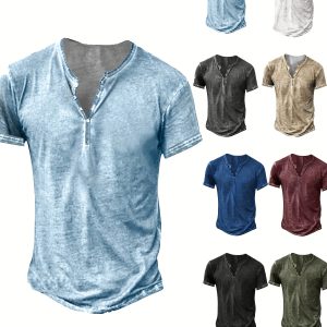 Mens Distressed Henley Shirts Short Sleeve Button T-Shirt Slim Fit Cotton Casual Shirt
