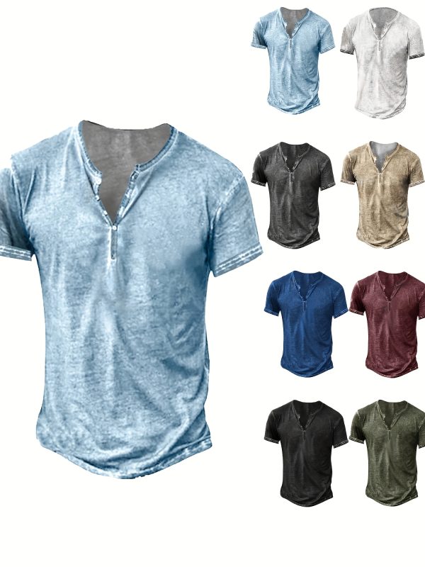 Mens Distressed Henley Shirts Short Sleeve Button T-Shirt Slim Fit Cotton Casual Shirt