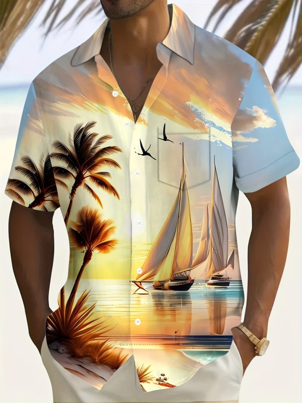Men's Tropical Beach Print Short Sleeve Shirt - Vibrant Sailboat & Palm Tree Design, Lightweight Polyester, Perfect for Summer Vacations & Casual Outings - Image 2