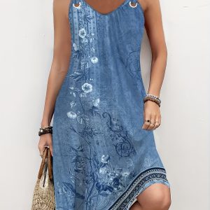 Women'S Plus Size Casual Fashionable and Elegant Comfortable and Versatile Stretch Tribal Print V-Neck Dress with Ring Detail