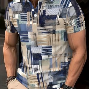 Men'S Summer Casual Polo Shirt, Short Sleeve, Print, Button, Lapel Collar, Slight Stretch Fabric, Regular Fit, with Graphic Design for Casual Attir