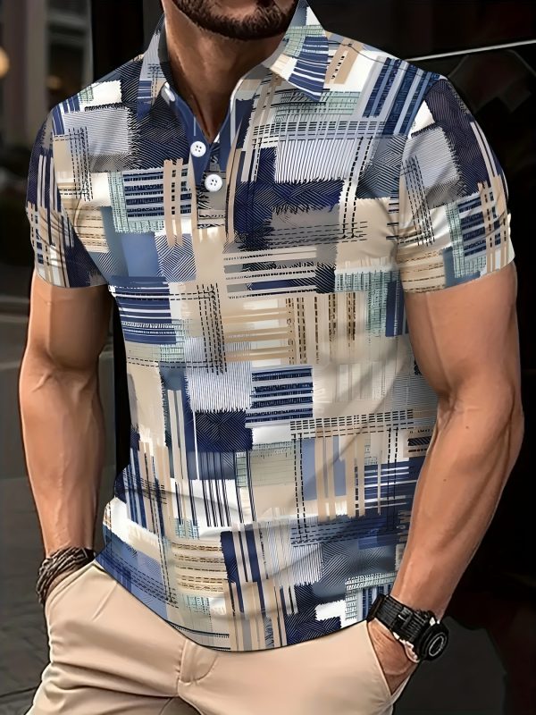 Men'S Summer Casual Polo Shirt, Short Sleeve, Print, Button, Lapel Collar, Slight Stretch Fabric, Regular Fit, with Graphic Design for Casual Attir