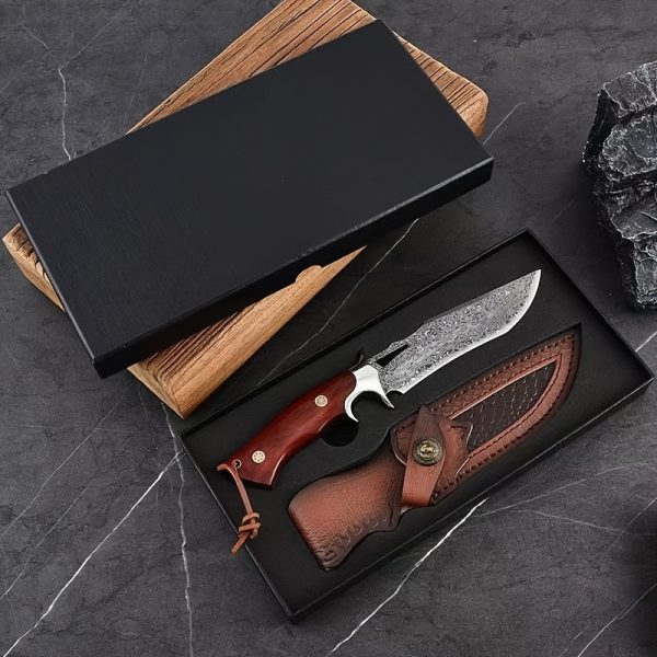 1pc Hand-Forged Damascus Fixed Blade Knife with Wooden Handle and Leather Sheath for Easy Portability and Fast Cutting - Image 3
