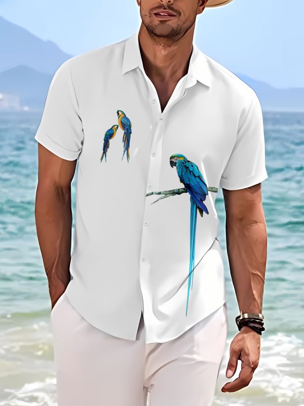 Men's Parrots Pattern Pint Short Sleeve Lapel Shirt Top, Casual Button Up Shirt For Summer Daily Wear And Vacation Resorts - Image 4