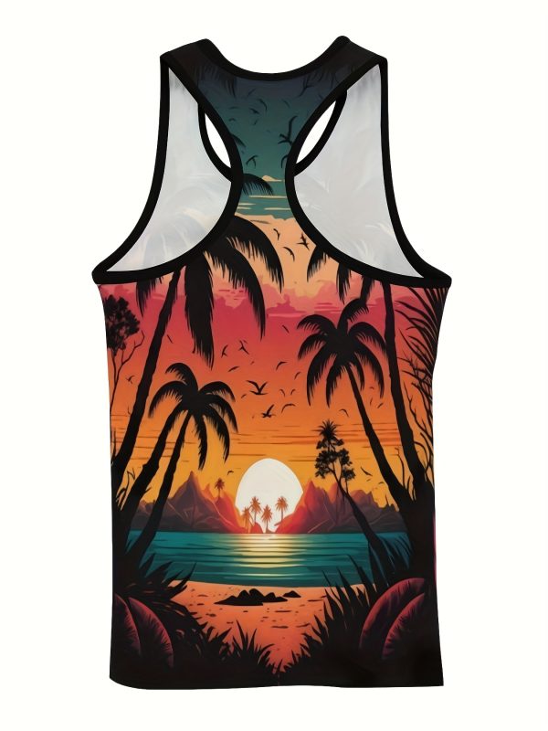 Men'S Tropical Sunset & Palm Tree Tank Top - Vibrant Beach Scene, Sleeveless Casual/Vacation Wear, Breathable Polyester Blend, Summer Essential for Leisure and Style, Summer Tank Top - Image 6