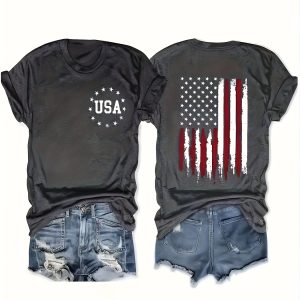 Women's Fashionable USA Flag Element Printed Short Sleeve T-Shirt