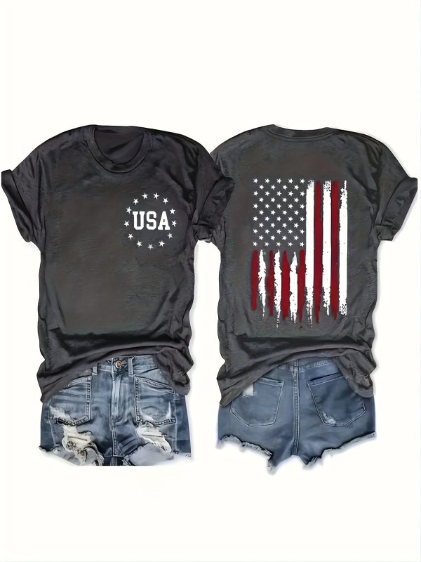 Women's Fashionable USA Flag Element Printed Short Sleeve T-Shirt