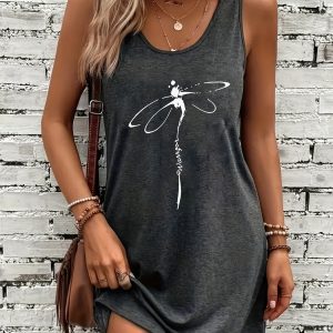 Elegant Dragonfly Print Sleeveless Dress for Women - Soft Fabric, Casual Style, Gray with White Dragonfly Design, Perfect for All Seasons, Dragonfly Themed Items