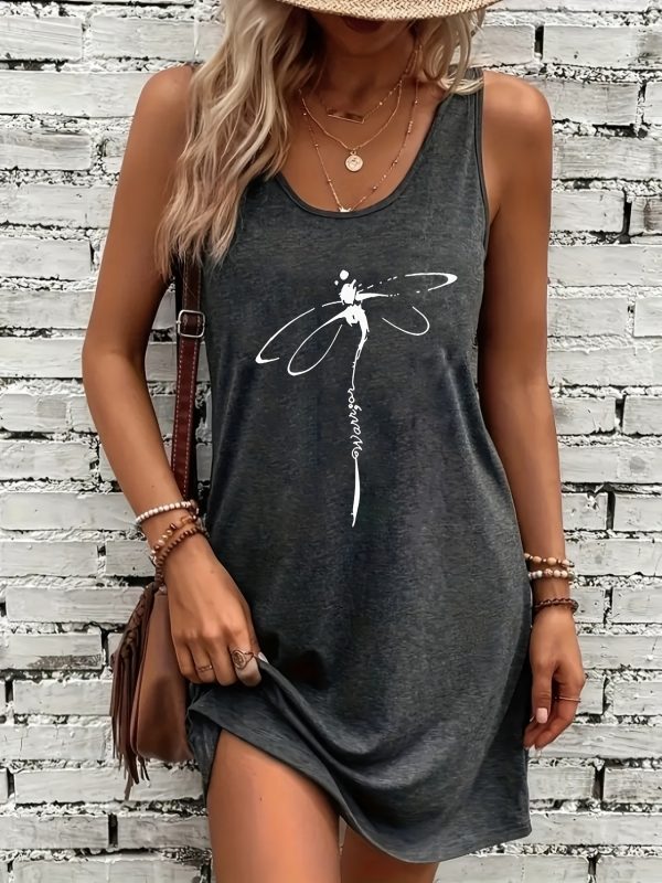 Elegant Dragonfly Print Sleeveless Dress for Women - Soft Fabric, Casual Style, Gray with White Dragonfly Design, Perfect for All Seasons, Dragonfly Themed Items