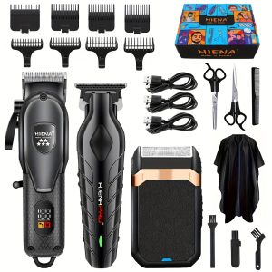 HIAN Professional Men's Hair Clipper Set, USB Charging with LED Display - Includes T-Blade Trimmer, Electric Shaver, Long-Life Battery, Ideal for Barbershops and Home Use, Perfect Holiday Gift, Father's Day Present