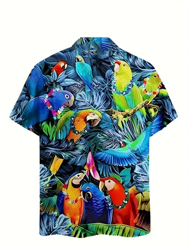 Men's Tropical Parrot Print Short Sleeve Button-Up Shirt - Image 5