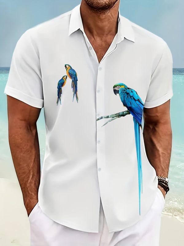 Men's Parrots Pattern Pint Short Sleeve Lapel Shirt Top, Casual Button Up Shirt For Summer Daily Wear And Vacation Resorts - Image 3