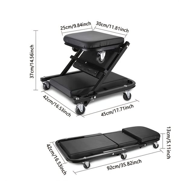 Wheel X Mechanical Crawler 36 Inch 3-in-1/2-in-1/2-in-1 With Brake Mode Z Seat 340 Pound Capacity, Foldable Garage Adjustable Rolling Folding With 6 Wheel Rollers, Lying Down And Leaning, Under Car Maintenance, Red And Black - Image 2