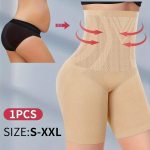 1pc High-Waisted Seamless Underwear for Women - Abdominal Toning & Glute Lifting, Four-Corner Support, Flat-Leg Design, Size S-XXL, Beige