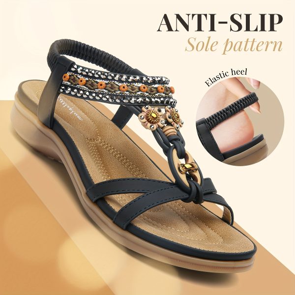 Womens Sandals Ankle Elastic Bohemian Flats Summer Beach Dress Comfort Walking With Non Slip Casual Shoes