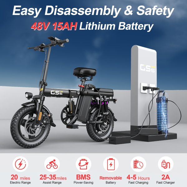 Adult Folding Electric Bike 740W Peak Motor 20 MPH 35-Mile Range 48V Removable Battery 14" Compact Alloy Steel Frame Disc Brakes Black City Commuter E-Bike with High-Quality Accessories, Foldable Electric Bike, Urban Cycling, Sleek Design, Durable Build - Image 15