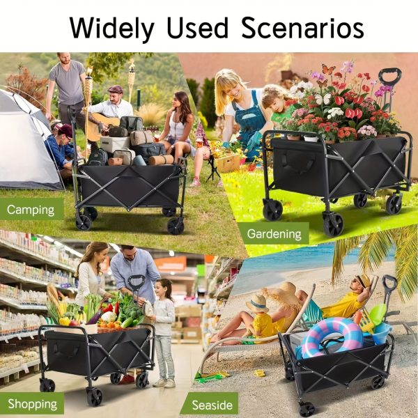 220/450/680 lb Capacity Heavy-Duty All-Terrain Folding Cart - Stainless Steel Frame and 600D Oxford Fabric, Foldable Multi-Purpose Wagon for Camping, Gardening, Beach, Shopping - No Assembly Required, Black Garden Tool Holder, Sturdy Handle Design, Durable Wheel Construction - Image 11